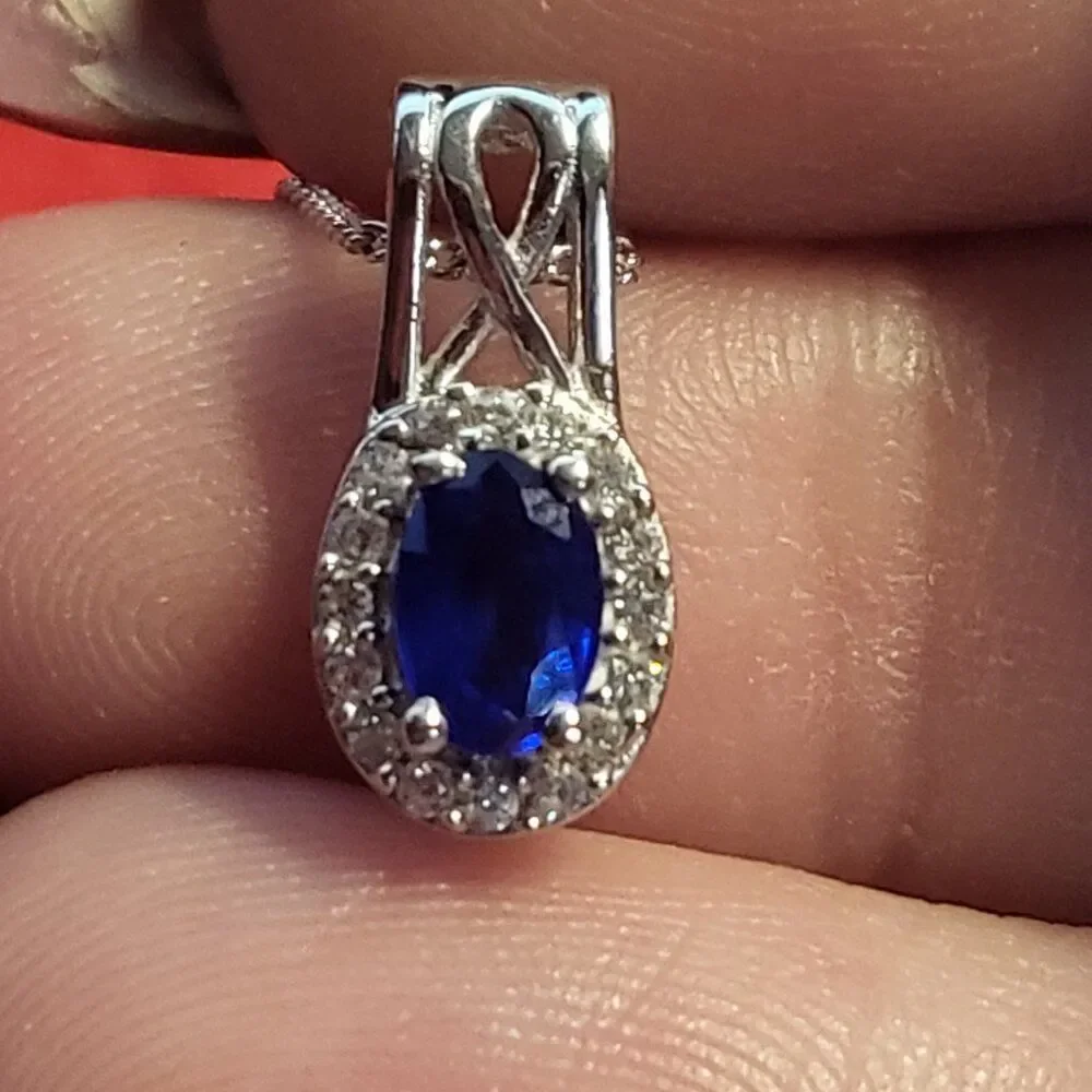 Blue Sapphire and White Zircon Halo Sterling Silver Pendant Necklace